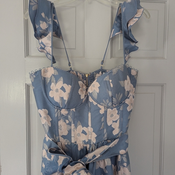 V. Chapman Anthropologie Vera Dress Blue Floral Corset Top Ruffle Strap Midi - Picture 6 of 12